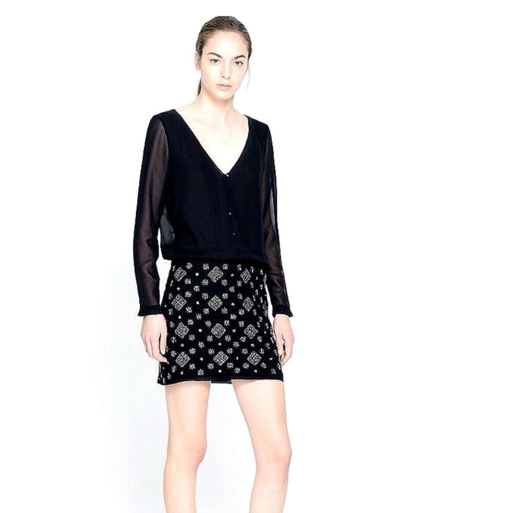 Zara Black Beaded Embellished Embroidered Sheer Long Sleeve Blouson Dress Sz XS